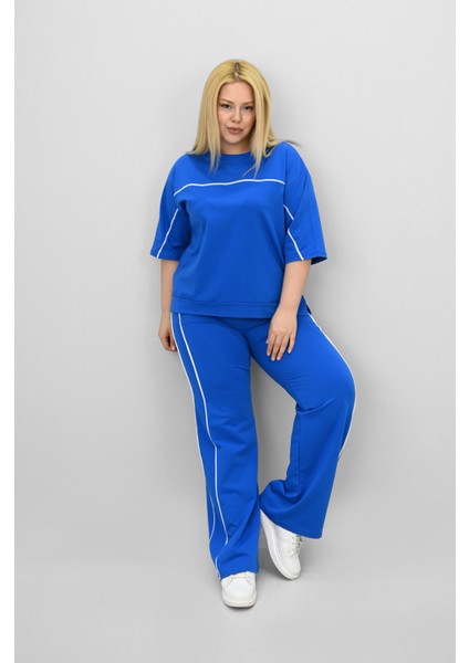 Kadın Büyük Beden Kısa Kollu Ara Biye Detaylı Bol Paça Eşofman Takımı 8189-25