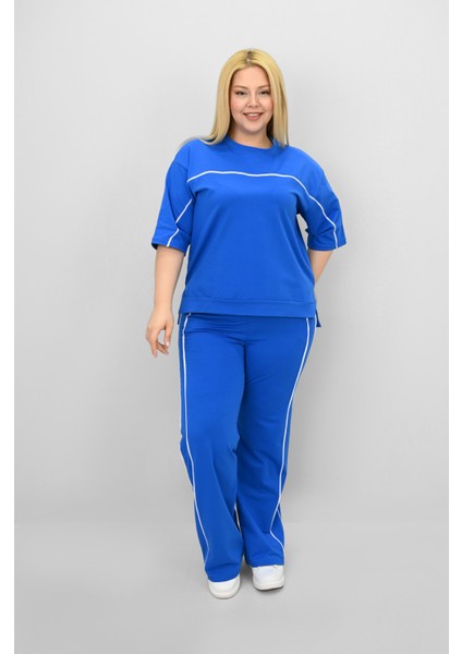 Kadın Büyük Beden Kısa Kollu Ara Biye Detaylı Bol Paça Eşofman Takımı 8189-25 fiyatları