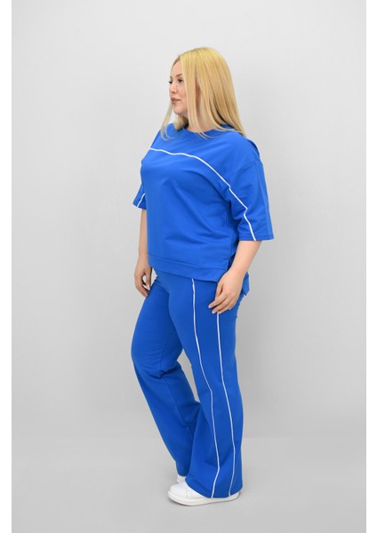 Kadın Büyük Beden Kısa Kollu Ara Biye Detaylı Bol Paça Eşofman Takımı 8189-25 modelleri