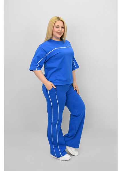 Kadın Büyük Beden Kısa Kollu Ara Biye Detaylı Bol Paça Eşofman Takımı 8189-25 fırsatları