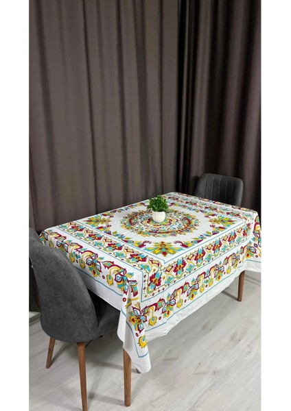 Beyaz Zemin Renkli Etnik Desenli Masa Örtüsü – 170X170 Cm, Dijital Baskılı, Yıkanabilir fiyatları