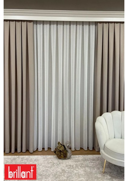 Keten Bej Renk 1/3 Sık Pile Kalın Tek Kanat Fon Perde modelleri