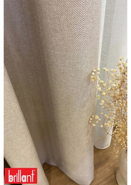 Keten Bej Renk 1/3 Sık Pile Kalın Tek Kanat Fon Perde