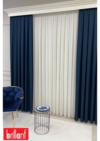 Keten Lacivert Renk 1/3 Sık Pile Kalın Tek Kanat Fon Perde modelleri