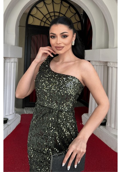 Kadife Payet Tek Kol Abiye Elbise - Haki Yeşili modelleri