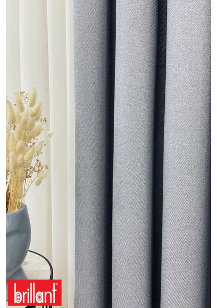 Keten Mavi Gri Renk 1/3 Sık Pile Kalın Tek Kanat Fon Perde