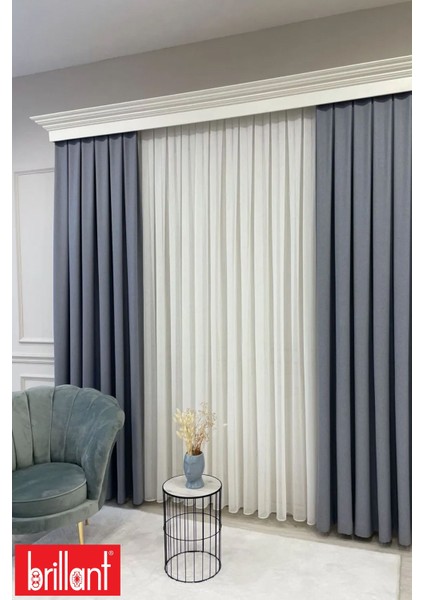 Keten Mavi Gri Renk 1/3 Sık Pile Kalın Tek Kanat Fon Perde modelleri