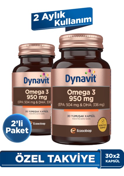 Omega 3 950 mg 30 Yumuşak Kapsül - 2'li Avantajlı Paket - Yüksek EPA ve DHA