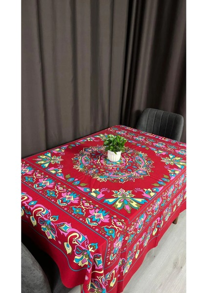 Kırmızı Zemin Renkli Etnik Desenli Masa Örtüsü – 170X170 Cm, Kolay Temizlenir, Canlı Renkli modelleri