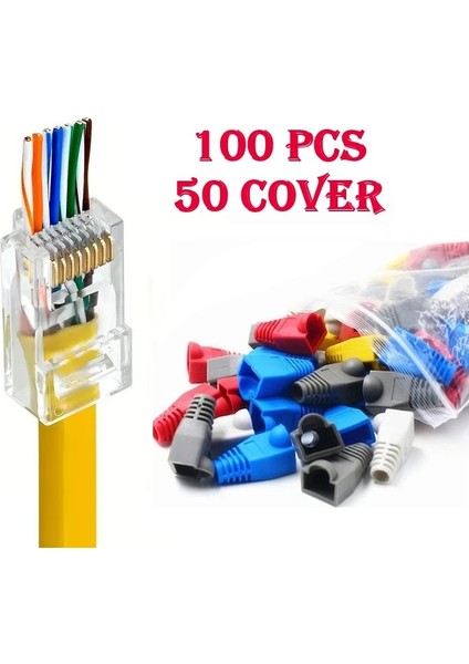 50 Renkli Kılıf + 100 Yeni Nesil Ez RJ45 Konnektör Delikli Açık Uçlu Cat6 Jack