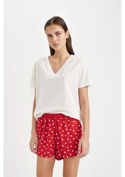 Regular Fit Dokuma Şort Pijama Altı-Fall in Love B8697AX24SM