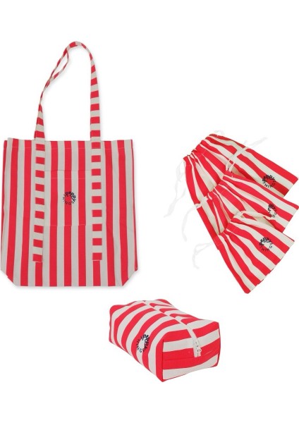 Peppythings Kırmızı Lily 3'li Set (Bez Çanta - 3'lü Kese - Makyaj Çantası)