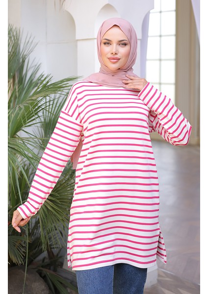 Çizgili Spor Tunik 71295-05 Fuşya fırsatları
