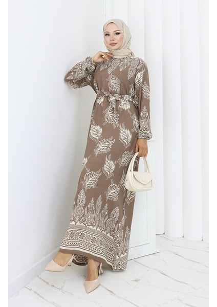 Desenli Kuşaklı Elbise 2092-03 Vizon