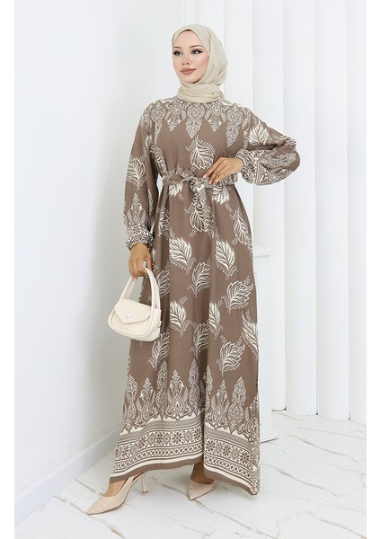 Desenli Kuşaklı Elbise 2092-03 Vizon fiyatları