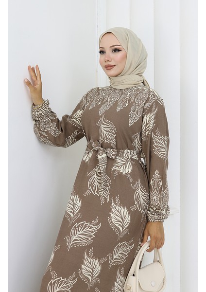 Desenli Kuşaklı Elbise 2092-03 Vizon modelleri