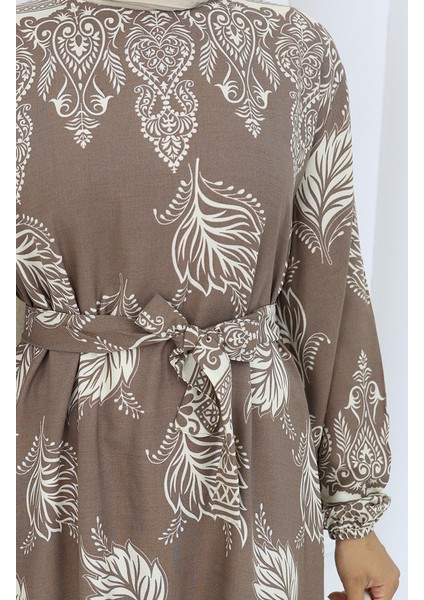 Desenli Kuşaklı Elbise 2092-03 Vizon fırsatları