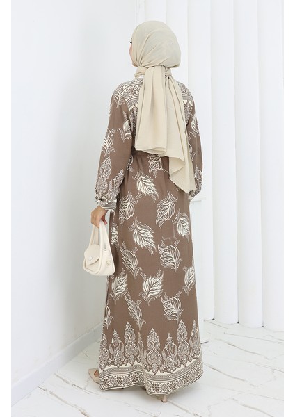 Desenli Kuşaklı Elbise 2092-03 Vizon indirimleri