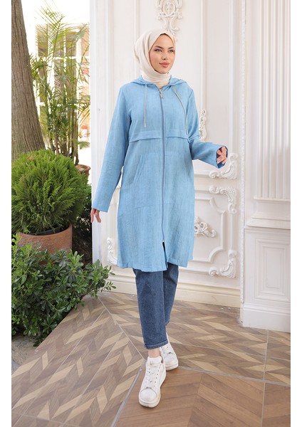 Kapüşonlu Fermuarlı Kap 71282-02 Indigo