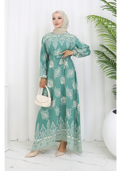 Desenli Kuşaklı Elbise 2092-02 Çağla Yeşili