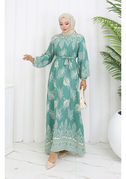 Desenli Kuşaklı Elbise 2092-02 Çağla Yeşili fiyatları