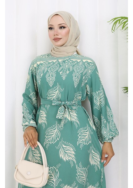 Desenli Kuşaklı Elbise 2092-02 Çağla Yeşili modelleri