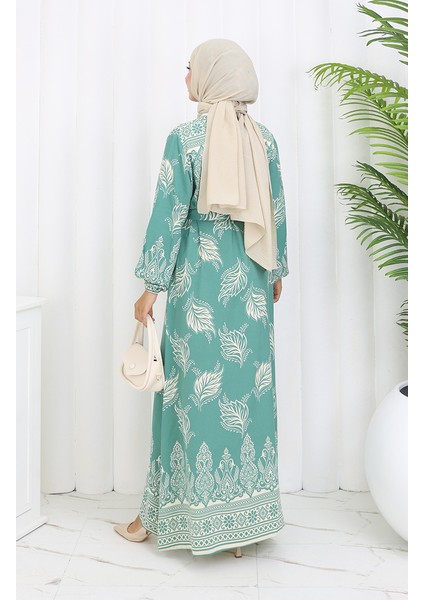 Desenli Kuşaklı Elbise 2092-02 Çağla Yeşili indirimleri