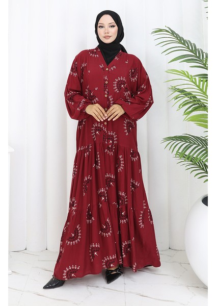 Viskon Kumaş Desenli Düğmeli Elbise 0088-04 Bordo