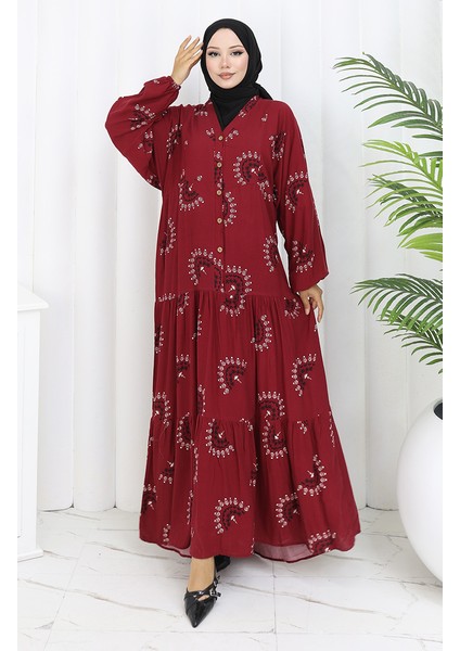 Viskon Kumaş Desenli Düğmeli Elbise 0088-04 Bordo fiyatları