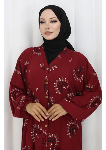 Viskon Kumaş Desenli Düğmeli Elbise 0088-04 Bordo modelleri