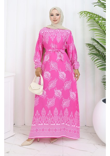 Desenli Kuşaklı Elbise 2092-05 Pembe