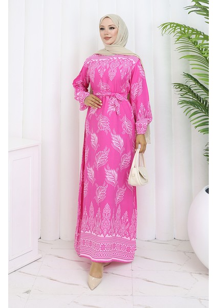 Desenli Kuşaklı Elbise 2092-05 Pembe fiyatları