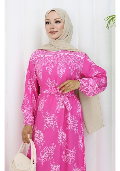 Desenli Kuşaklı Elbise 2092-05 Pembe modelleri