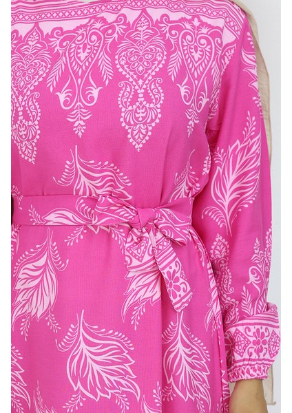 Desenli Kuşaklı Elbise 2092-05 Pembe fırsatları