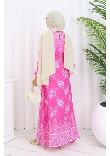 Desenli Kuşaklı Elbise 2092-05 Pembe indirimleri