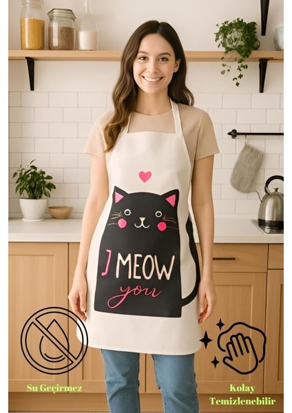I Meow You Mutfak Önlüğü Kedi Desenli, Sıvı Geçirmez Sevimli Tasarım