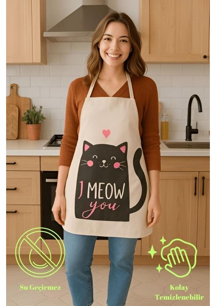 I Meow You Mutfak Önlüğü Kedi Desenli, Sıvı Geçirmez Sevimli Tasarım modelleri