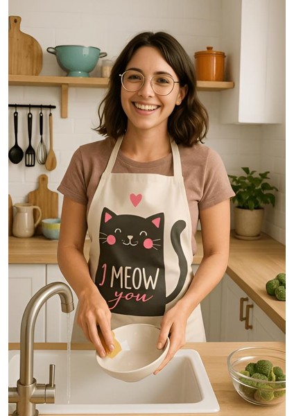 I Meow You Mutfak Önlüğü Kedi Desenli, Sıvı Geçirmez Sevimli Tasarım indirimleri