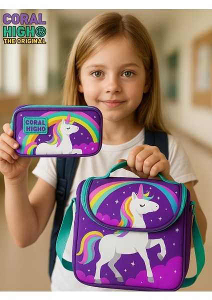 Mor Su Yeşili Unicorn Desenli Iki Bölmeli Kalem Çantası ve Thermo Beslenme Çantası