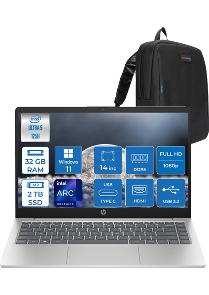 14-EP1026NT Intel Core Ultra 5 125H 32GB Ddr5 2tb SSD Intel® Aı Boost 14" Fullhd 300NITS IPS Windows 11 Home Taşınabilir Bilgisayar B85WZEAH14 + Zetta Çanta