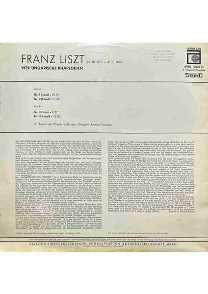 Franz Liszt Vier Ungarische Rhapsodien Classic Lp Plak