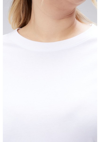 Curve Büyük Beden Beyaz Boyfriend Bisiklet Yaka Yırtmaçlı Pamuk Örme T-Shirt modelleri