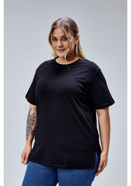 Curve Büyük Beden Siyah Boyfriend Bisiklet Yaka Yırtmaçlı Pamuk Örme T-Shirt