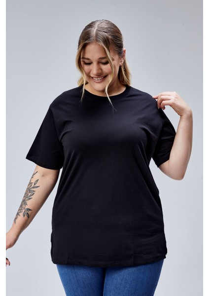 Curve Büyük Beden Siyah Boyfriend Bisiklet Yaka Yırtmaçlı Pamuk Örme T-Shirt fiyatları