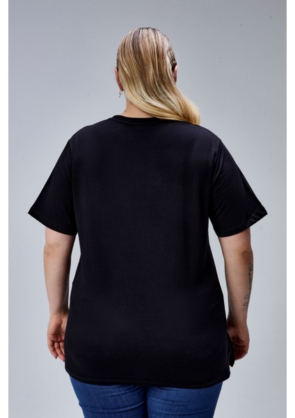 Curve Büyük Beden Siyah Boyfriend Bisiklet Yaka Yırtmaçlı Pamuk Örme T-Shirt