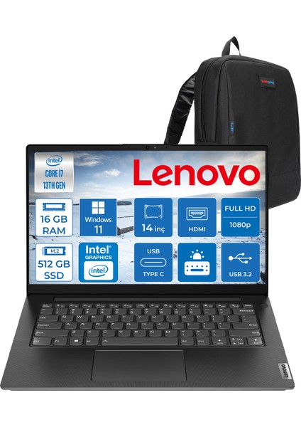 V14 Gen4 Iru Intel Core I7 13620H 16GB 512GB SSD Windows 11 Pro Intel® UHD Graphics 14 Inç Fullhd Taşınabilir Bilgisayar 83A000GDTRP12 + Zetta Çanta