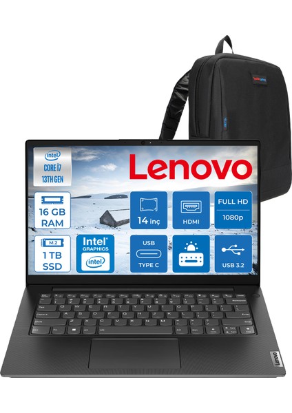 V14 Gen4 Iru Intel Core I7 13620H 16GB 1tb SSD Freedos Intel® UHD Graphics 14 Inç Fullhd Taşınabilir Bilgisayar 83A000GDTRF13 + Zetta Çanta
