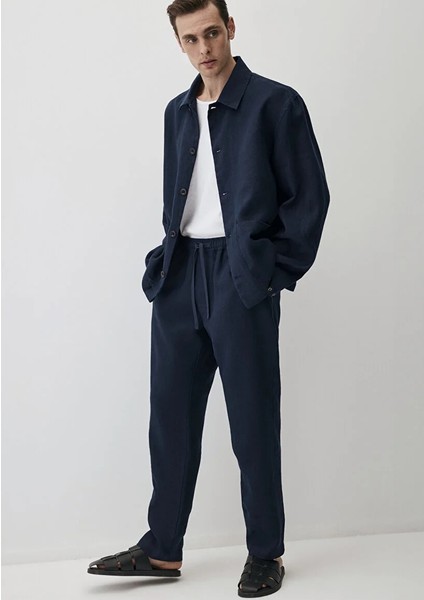 Erkek Lacivert M0010452-80872 Keten Pantolon