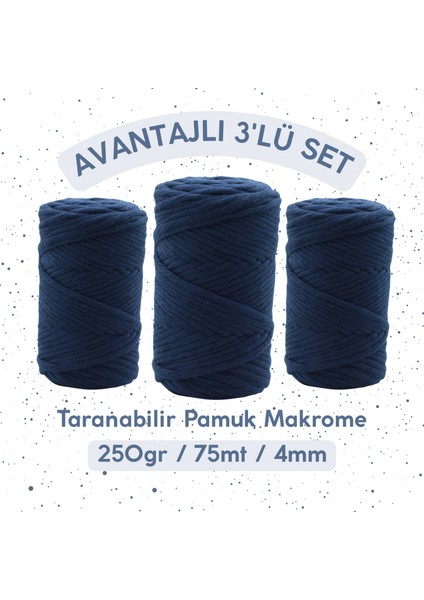 3'lü Paket Taranabilir Pamuk Makrome Ipi Tek Büküm 4mm Makrome Ip