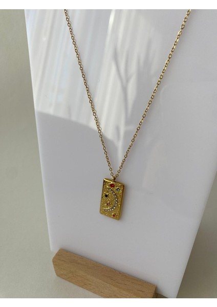 Renkli Hilal Taşlı Kare Gold Çelik Kolye